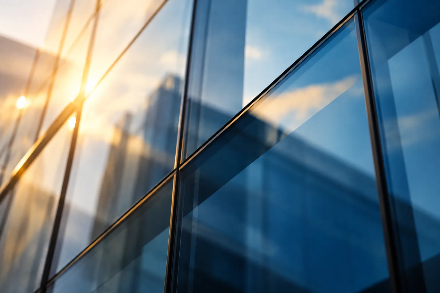 Sunlight reflected in a glass office facade